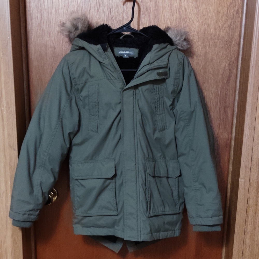 Kids Green Parka Jacket with Faux Fur Hood